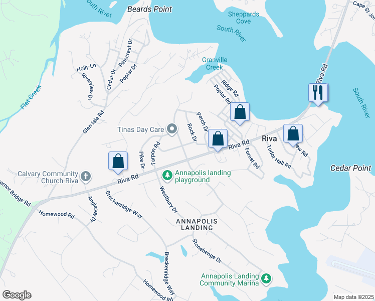 map of restaurants, bars, coffee shops, grocery stores, and more near 3033 Marlin Drive in Riva