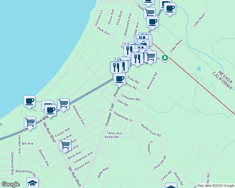 map of restaurants, bars, coffee shops, grocery stores, and more near 3880 Pioneer Trail in South Lake Tahoe