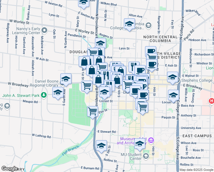 map of restaurants, bars, coffee shops, grocery stores, and more near 402 East Broadway in Columbia