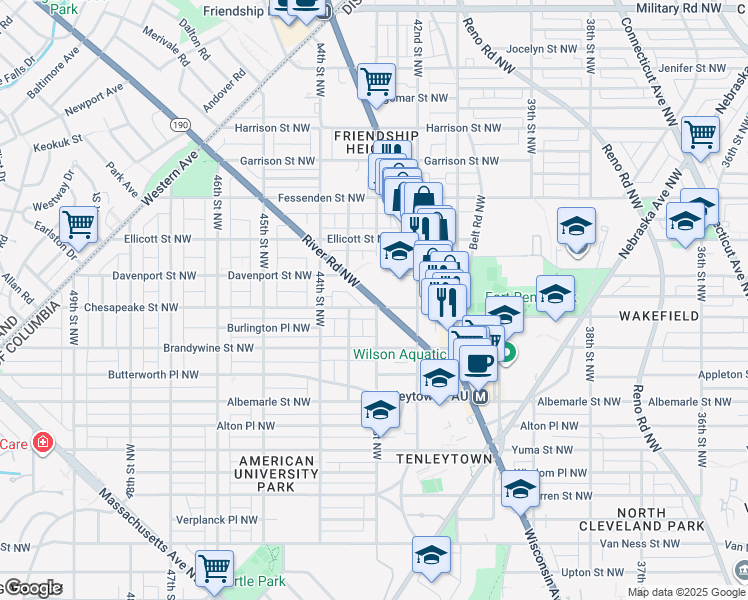map of restaurants, bars, coffee shops, grocery stores, and more near River Road Northwest & 43rd Street Northwest in Washington