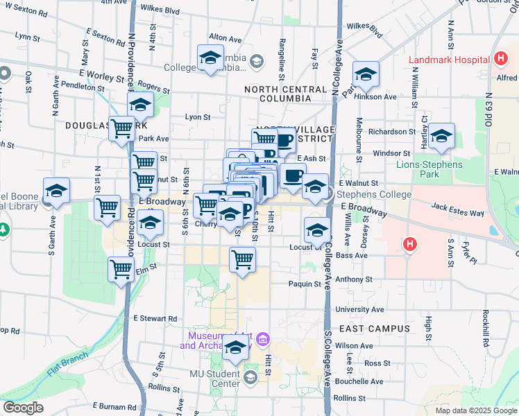 map of restaurants, bars, coffee shops, grocery stores, and more near 1013 East Walnut Street in Columbia