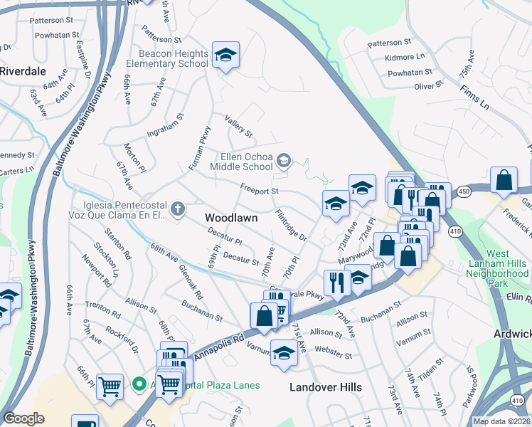 map of restaurants, bars, coffee shops, grocery stores, and more near in Cheverly