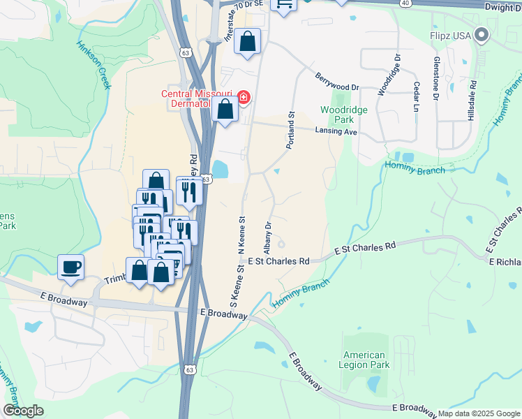 map of restaurants, bars, coffee shops, grocery stores, and more near 113 Albany Drive in Columbia