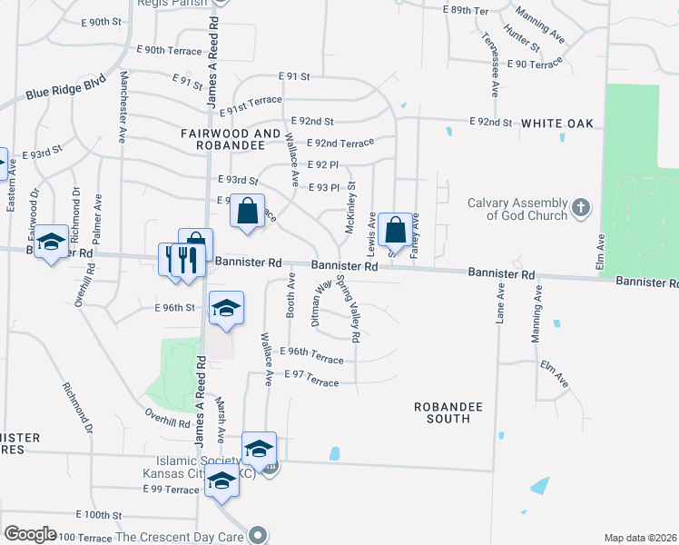 map of restaurants, bars, coffee shops, grocery stores, and more near 8613 East 93rd Street in Kansas City