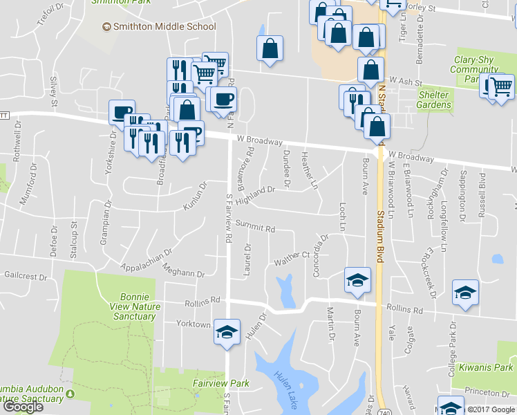 map of restaurants, bars, coffee shops, grocery stores, and more near 2710 Braemore Road in Columbia