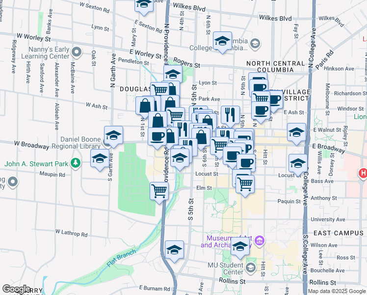 map of restaurants, bars, coffee shops, grocery stores, and more near in Columbia