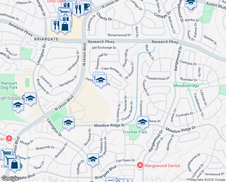 map of restaurants, bars, coffee shops, grocery stores, and more near 3495 Plantation Grove in Colorado Springs