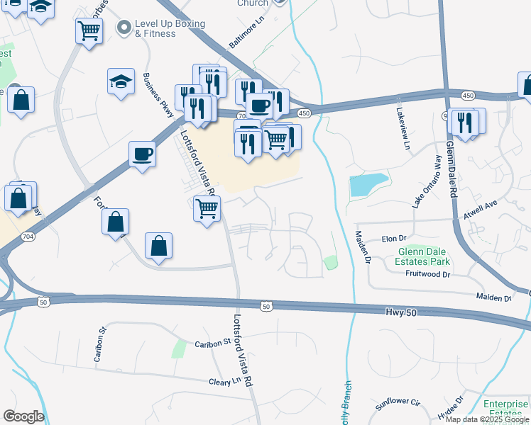 map of restaurants, bars, coffee shops, grocery stores, and more near 4404 Windflower Way in Bowie