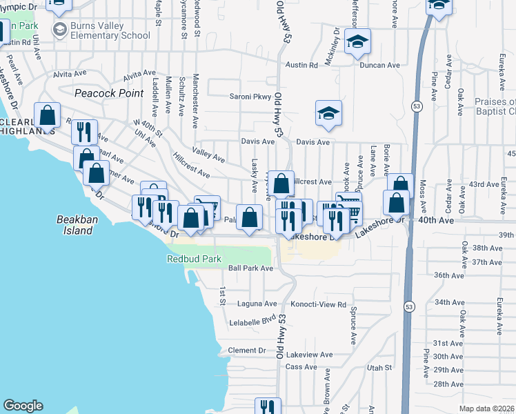 map of restaurants, bars, coffee shops, grocery stores, and more near 4744 West 40th Street in Clearlake
