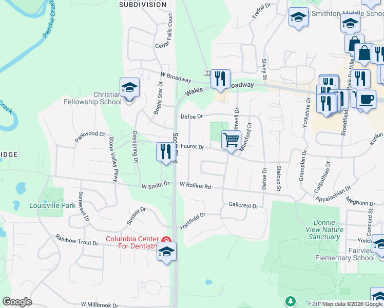 map of restaurants, bars, coffee shops, grocery stores, and more near 400 Brewer Drive in Columbia