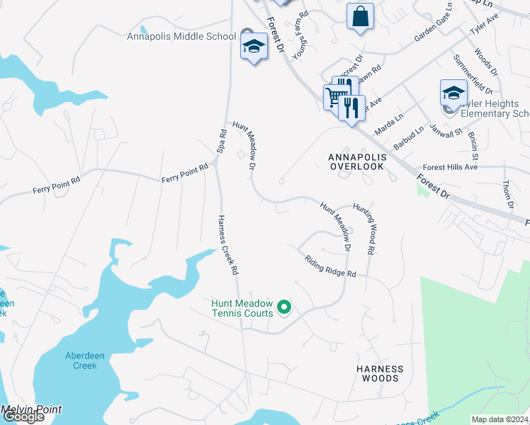 map of restaurants, bars, coffee shops, grocery stores, and more near 10 Beacon Court in Annapolis