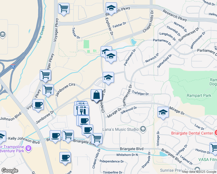 map of restaurants, bars, coffee shops, grocery stores, and more near 1450 Chapel Hills Drive in Colorado Springs