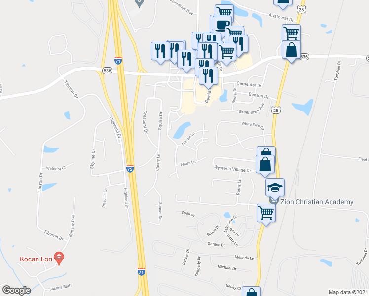 map of restaurants, bars, coffee shops, grocery stores, and more near 559 Arthur Drive in Florence