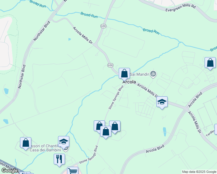 map of restaurants, bars, coffee shops, grocery stores, and more near 24107 Stone Springs Boulevard in Sterling