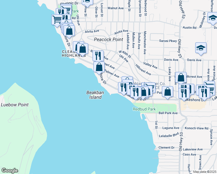 map of restaurants, bars, coffee shops, grocery stores, and more near 14531 Lakeshore Drive in Clearlake