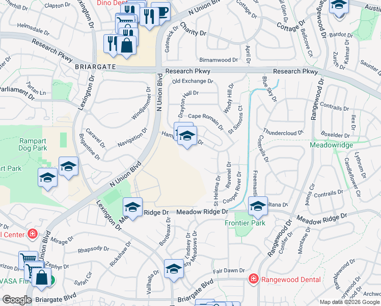 map of restaurants, bars, coffee shops, grocery stores, and more near 3475 Hampton Park Drive in Colorado Springs