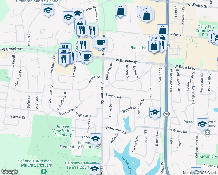 map of restaurants, bars, coffee shops, grocery stores, and more near 2802 Highland Drive in Columbia