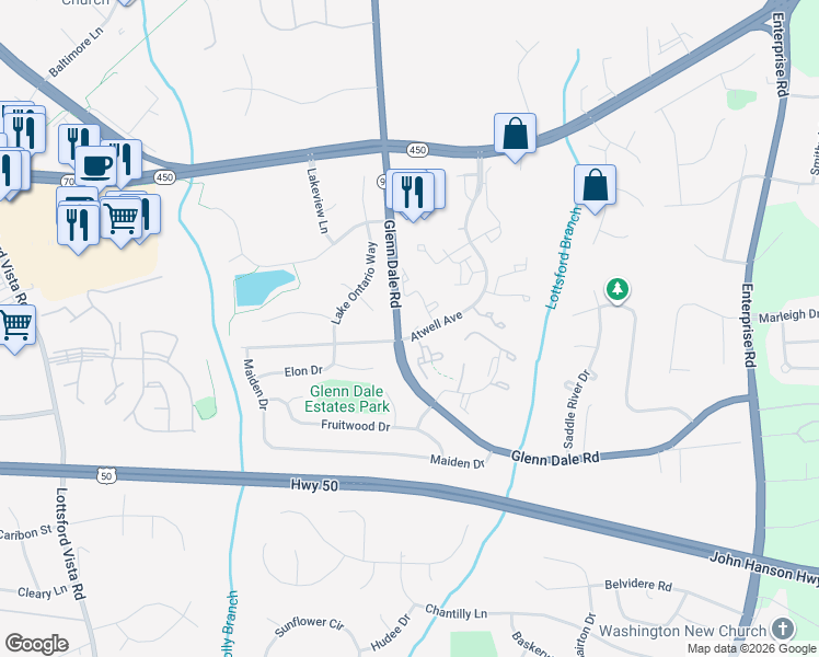 map of restaurants, bars, coffee shops, grocery stores, and more near 11200 Blue Fox Place in Bowie