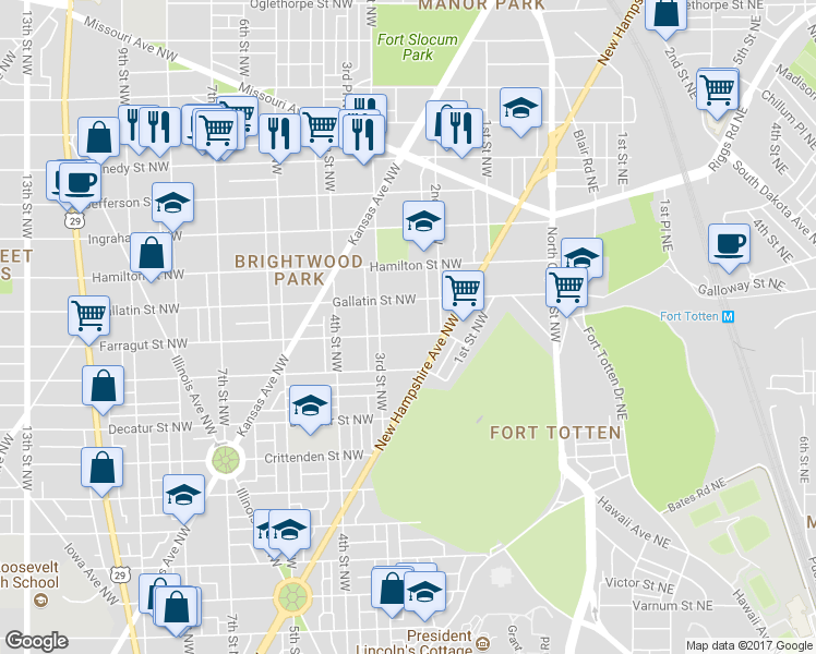 map of restaurants, bars, coffee shops, grocery stores, and more near 235 Farragut Street Northwest in Washington