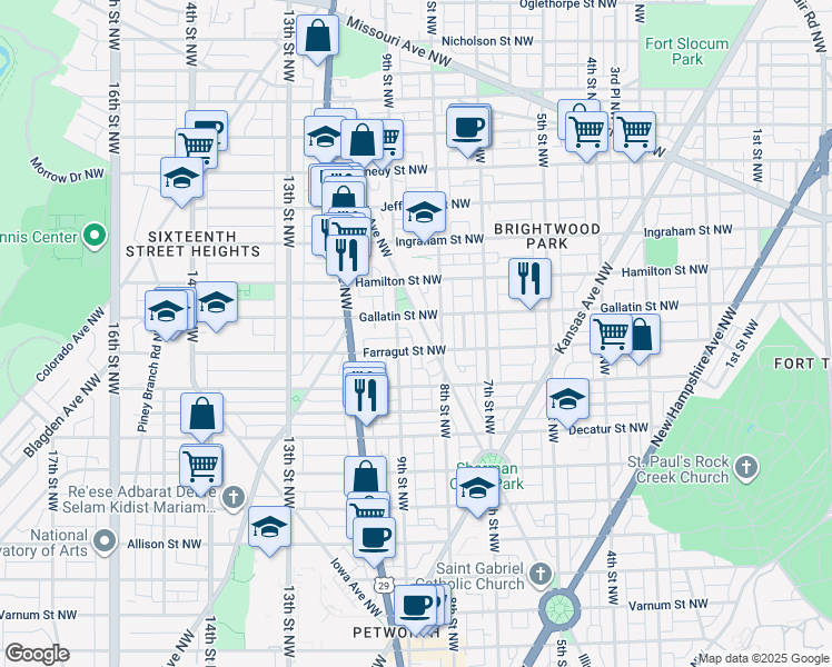 map of restaurants, bars, coffee shops, grocery stores, and more near 5016 Illinois Ave NW in Washington