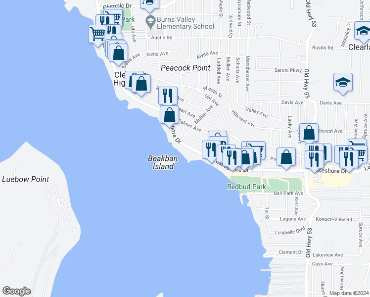 map of restaurants, bars, coffee shops, grocery stores, and more near 14531 Lakeshore Drive in Clearlake