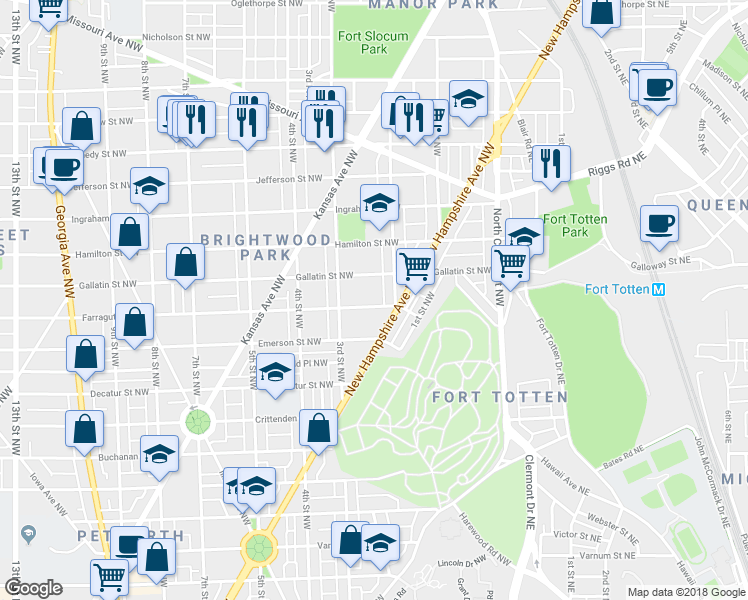 map of restaurants, bars, coffee shops, grocery stores, and more near 223 Farragut Street Northwest in Washington