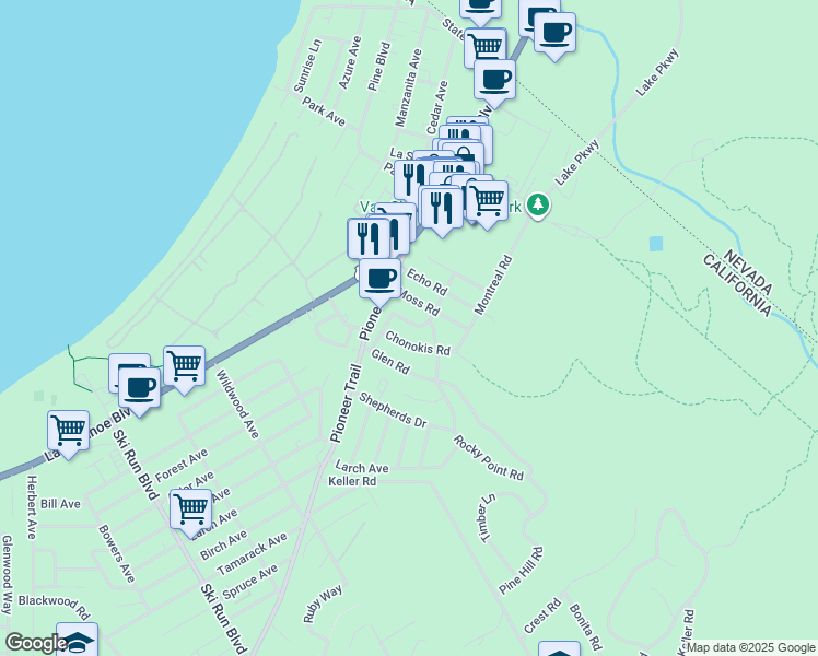 map of restaurants, bars, coffee shops, grocery stores, and more near 1022 Moss Road in South Lake Tahoe