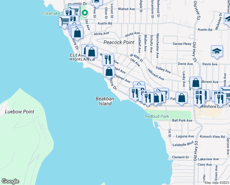 map of restaurants, bars, coffee shops, grocery stores, and more near 14445 Lakeshore Drive in Clearlake