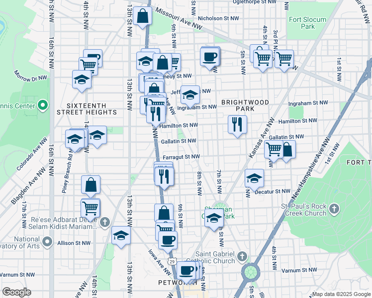 map of restaurants, bars, coffee shops, grocery stores, and more near 5016 Illinois Ave NW in Washington