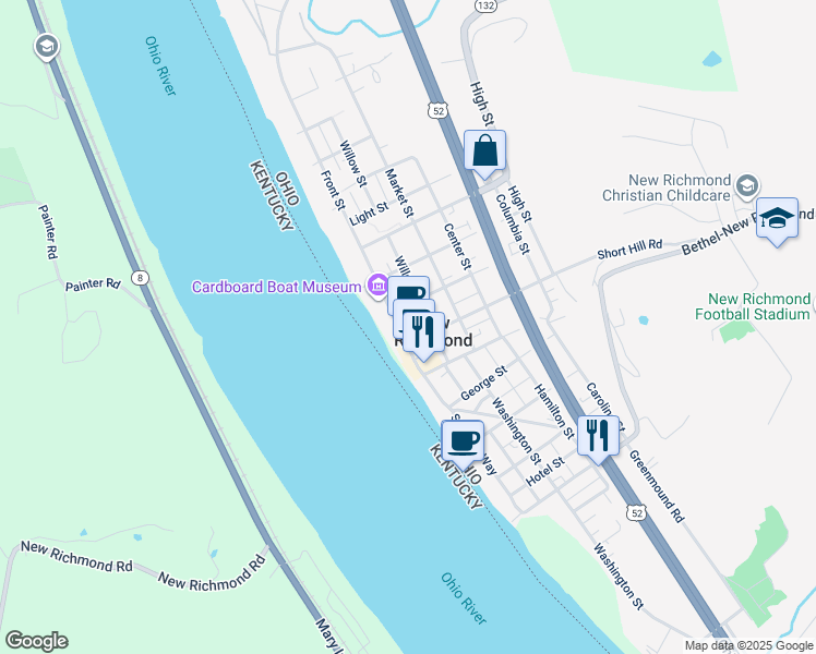 map of restaurants, bars, coffee shops, grocery stores, and more near 112 Main Street in New Richmond