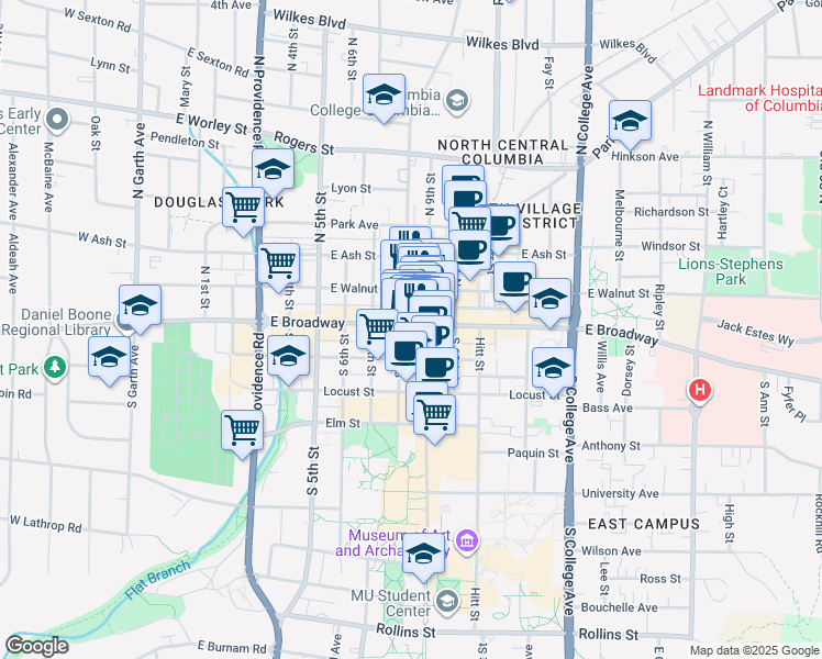map of restaurants, bars, coffee shops, grocery stores, and more near in Columbia