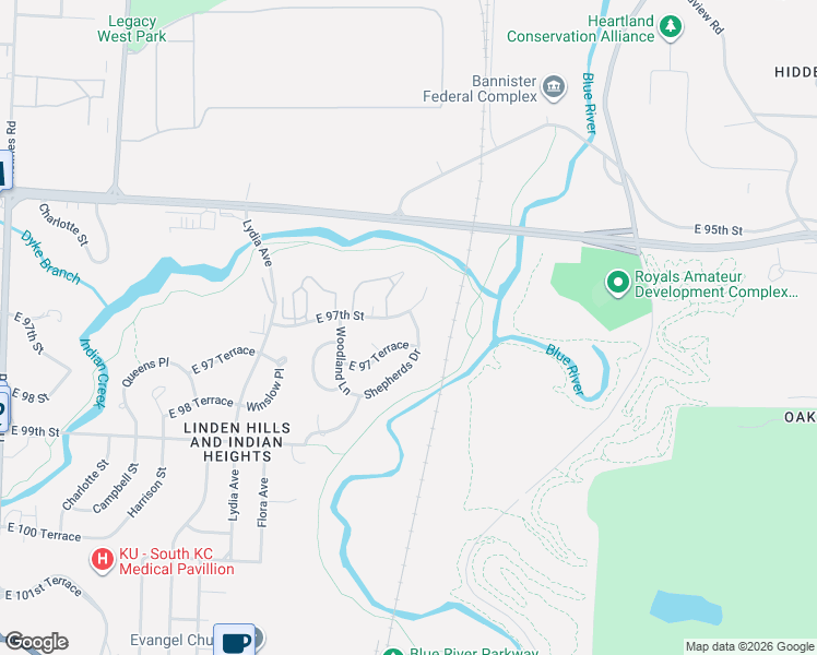 map of restaurants, bars, coffee shops, grocery stores, and more near 1901 East 97th Street in Kansas City