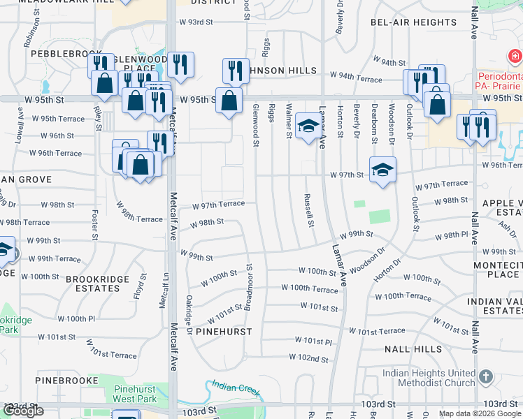 map of restaurants, bars, coffee shops, grocery stores, and more near 9725 Glenwood Street in Overland Park