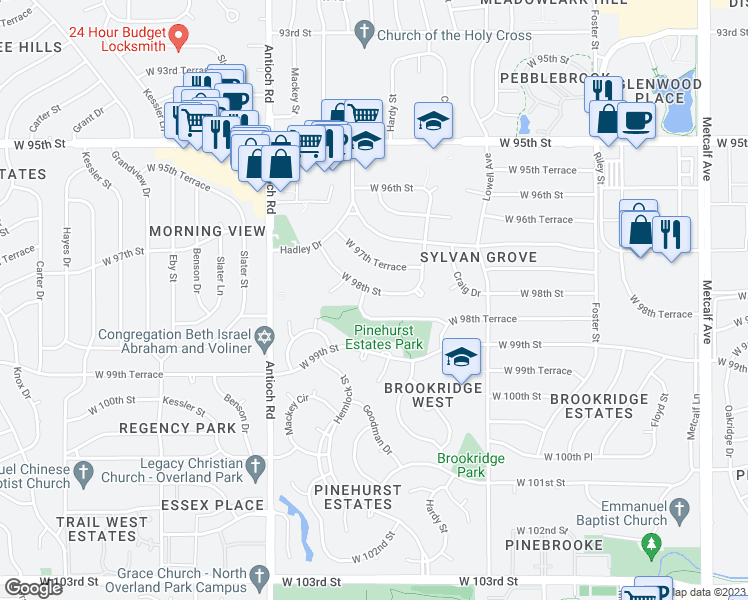 map of restaurants, bars, coffee shops, grocery stores, and more near 8300 West 98th Street in Overland Park