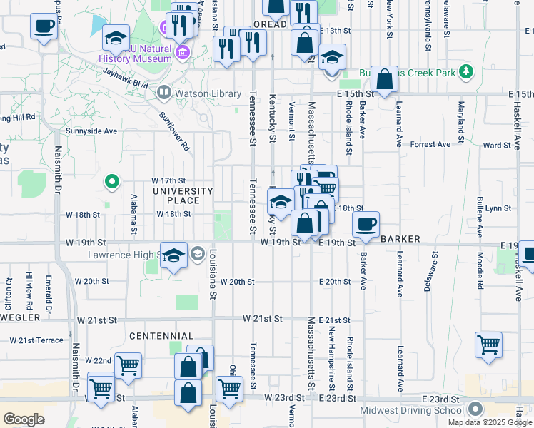 map of restaurants, bars, coffee shops, grocery stores, and more near 1744 Kentucky Street in Lawrence