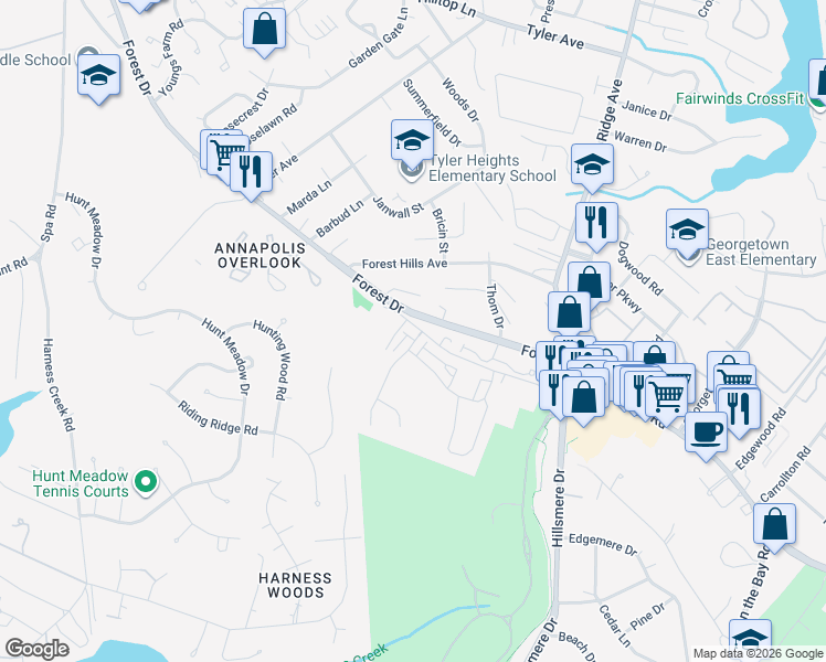 map of restaurants, bars, coffee shops, grocery stores, and more near 733 Annapolis Neck Road in Annapolis