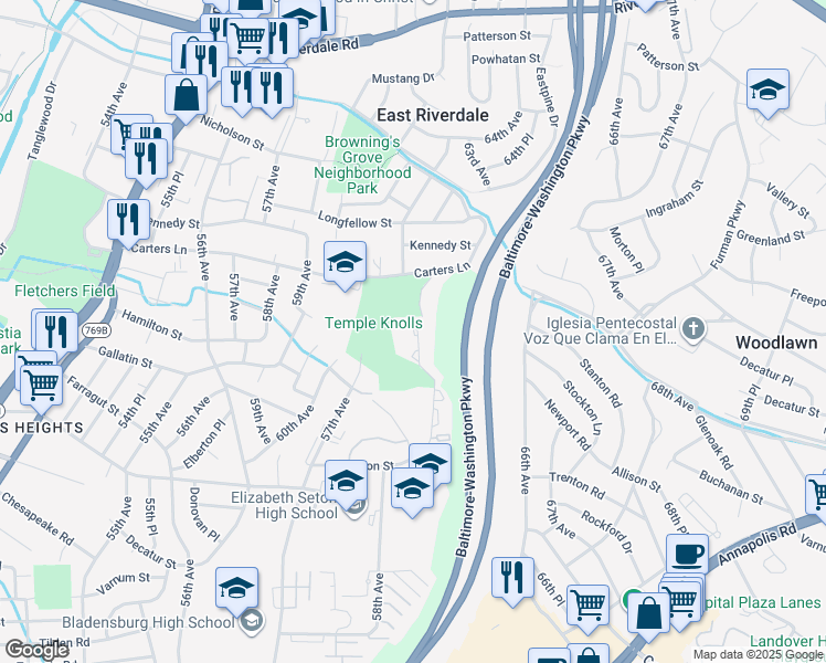 map of restaurants, bars, coffee shops, grocery stores, and more near 4407 Blue Heron Way in Bladensburg