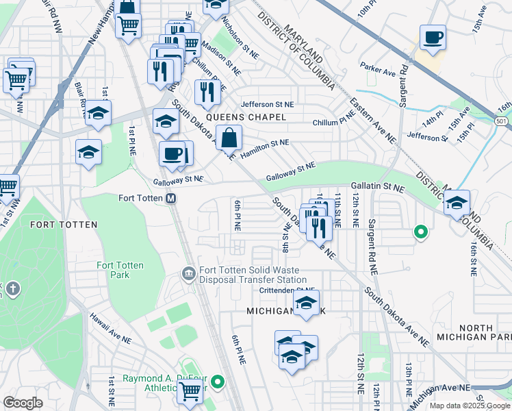 map of restaurants, bars, coffee shops, grocery stores, and more near 638 Farragut Place Northeast in Washington