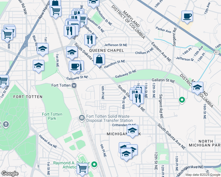 map of restaurants, bars, coffee shops, grocery stores, and more near 638 Farragut Place Northeast in Washington