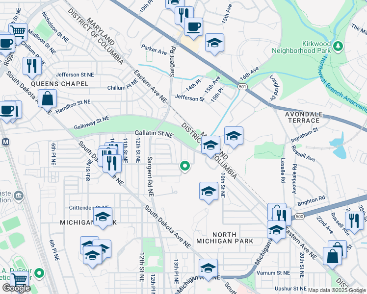 map of restaurants, bars, coffee shops, grocery stores, and more near 5047 13th Street Northeast in Washington