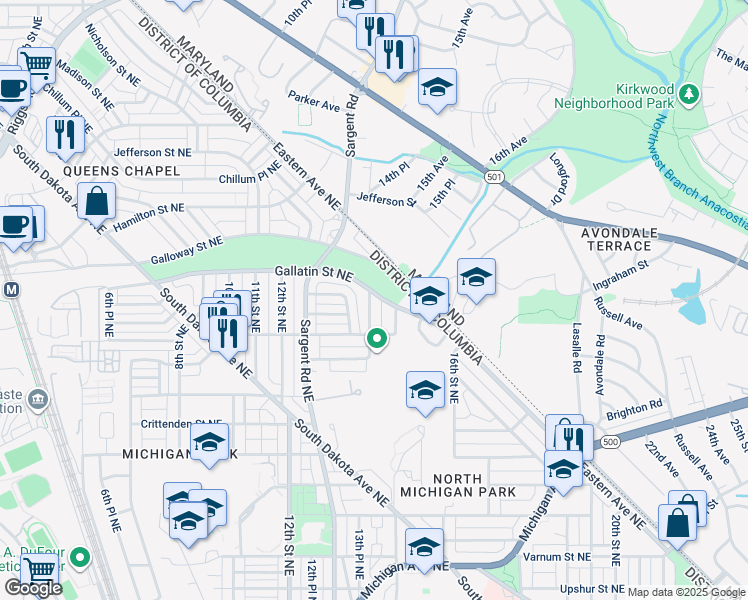 map of restaurants, bars, coffee shops, grocery stores, and more near 5047 13th Street Northeast in Washington