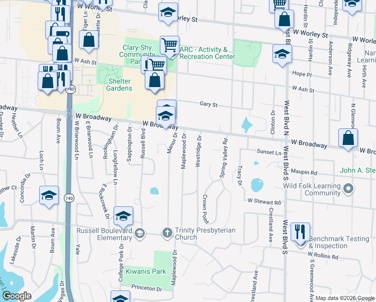 map of restaurants, bars, coffee shops, grocery stores, and more near 100 Maplewood Drive in Columbia