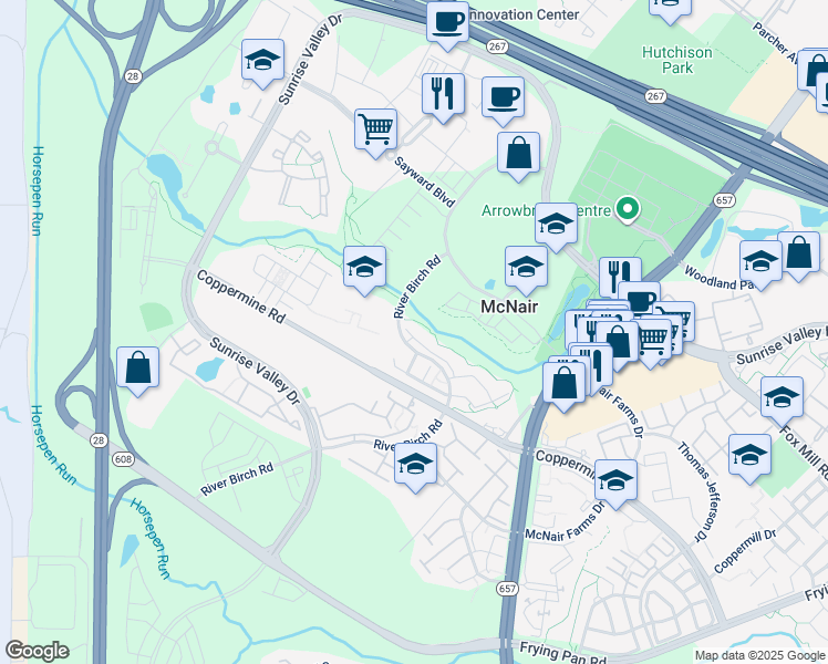 map of restaurants, bars, coffee shops, grocery stores, and more near 13686 Salk Street in Herndon