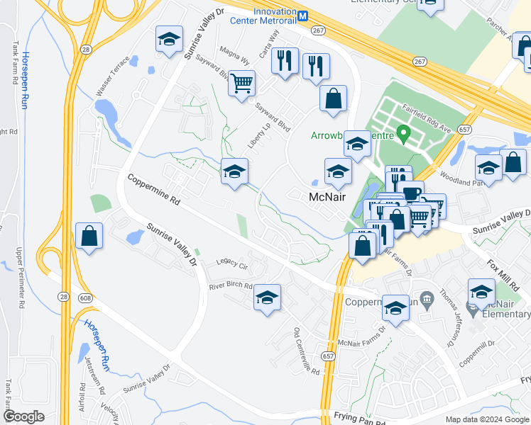 map of restaurants, bars, coffee shops, grocery stores, and more near 13686 Salk Street in Herndon