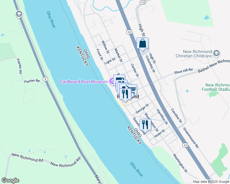 map of restaurants, bars, coffee shops, grocery stores, and more near 301 Front Street in New Richmond