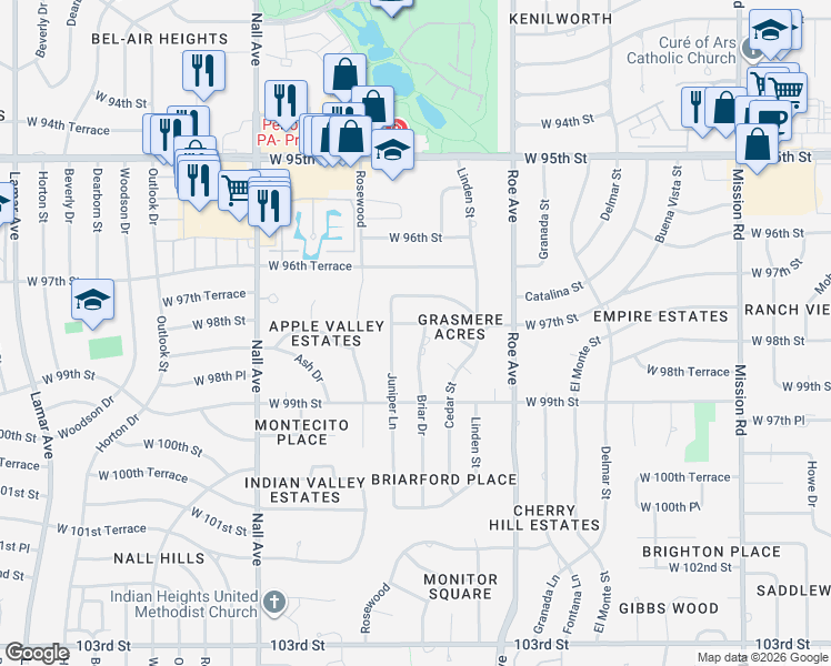 map of restaurants, bars, coffee shops, grocery stores, and more near 5000 West 97th Terrace in Overland Park
