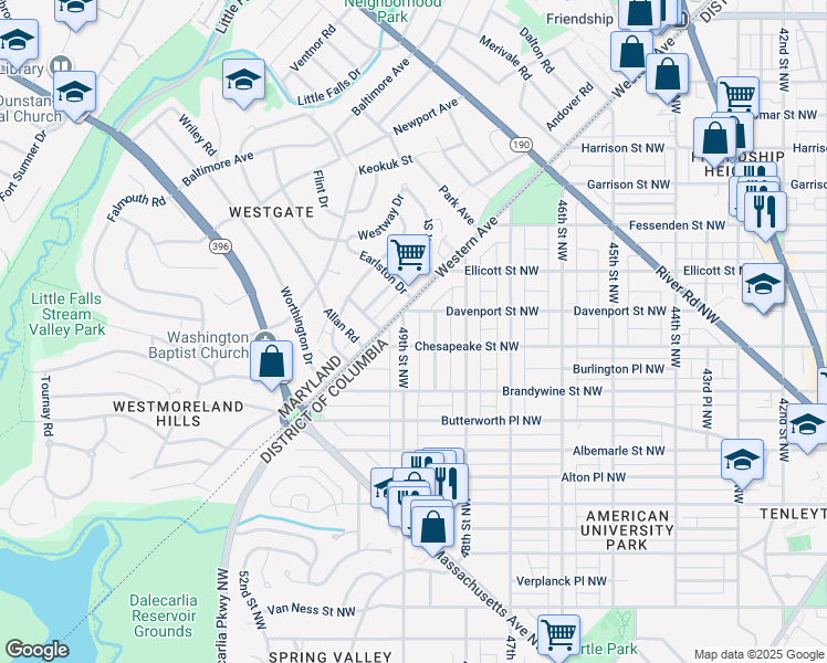 map of restaurants, bars, coffee shops, grocery stores, and more near 4709 49th Street Northwest in Washington