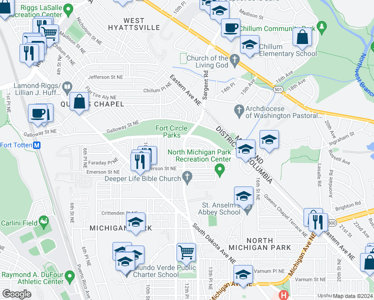 map of restaurants, bars, coffee shops, grocery stores, and more near 101 Independence Avenue Southeast in Washington