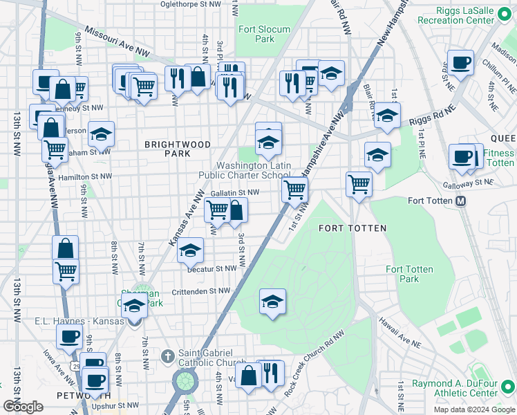 map of restaurants, bars, coffee shops, grocery stores, and more near 235 Farragut Street Northwest in Washington