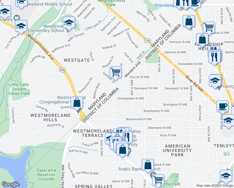 map of restaurants, bars, coffee shops, grocery stores, and more near 4709 49th Street Northwest in Washington